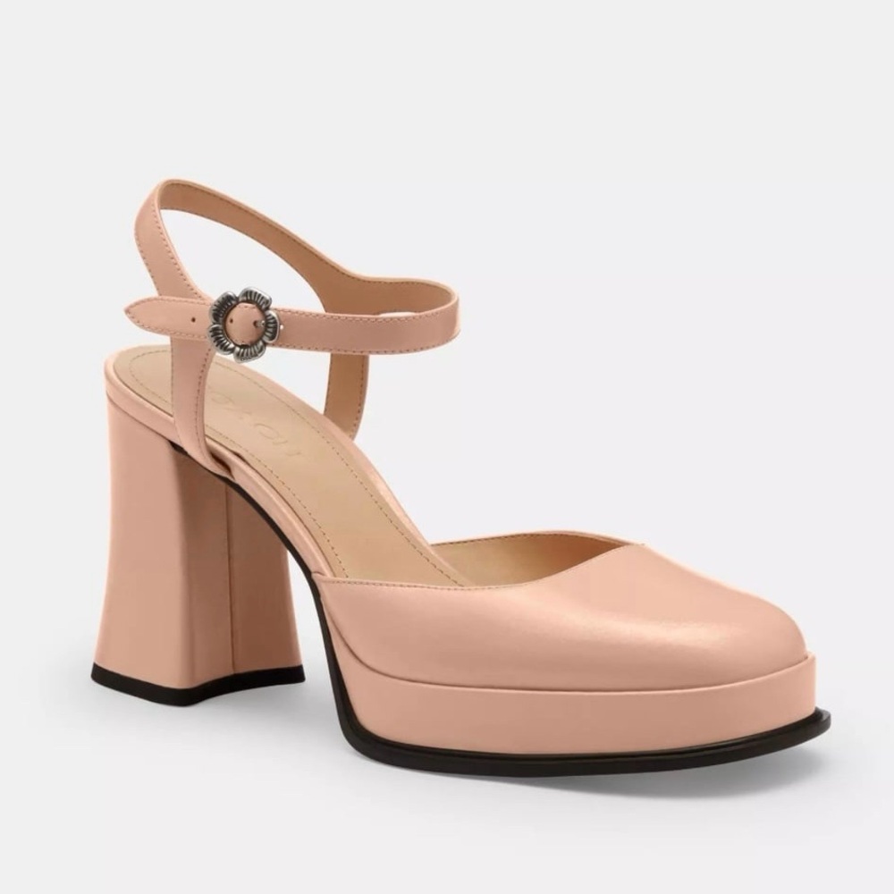 Coach Tea Rose Patent Leather Ankle Strap Block Heel Pumps Silver/Cream Size 8